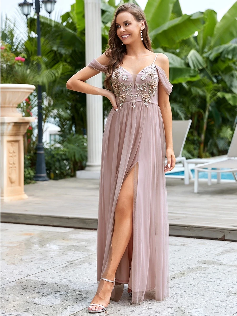 

Glamorous A Line Deep V Neck Wholesale Evening Dresses with Split