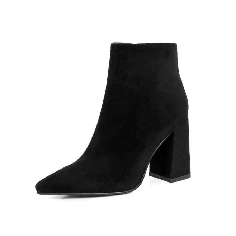 Женские замшевые ботильоны с острым носком на квадратном каблуке размеры 4 8