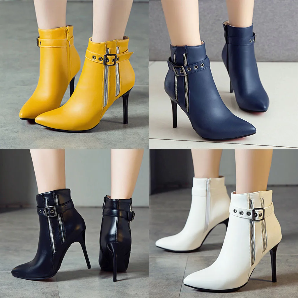 Белый Туфли на высоком каблуке с пряжкой ремешке Сапоги молнии Женские модные