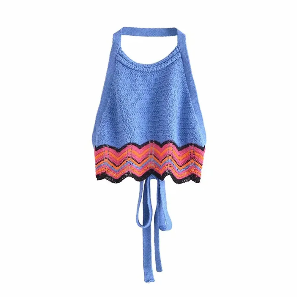 

2021 Women Summer Knitted Crocheted Print Midi Skirts Female Backless Bandage Halter Top boho Casual Two Pieces Set