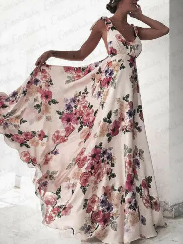 

Женское платье без рукавов в стиле бохо вечерние чное длинное платье макси с цветочным принтом и открытой спиной, платье с глубоким V-образн...