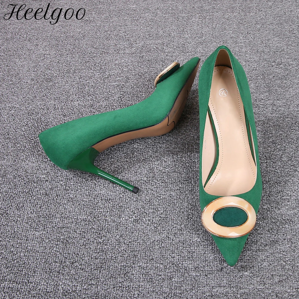 

Heelgoo Women Flock Pointy Toe Stiletto Pumps 9cm High Heel Elegant Ladies Fashion Dress Shoes Black Green Red Wide Feet 33-46