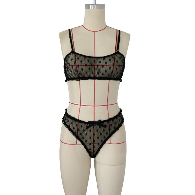 

Sexy Erotic Underwear Thin Net Gauze Underwear Polka Dot Mesh Trim Lace Underwear Set Sweet Translucent Top 1 Set