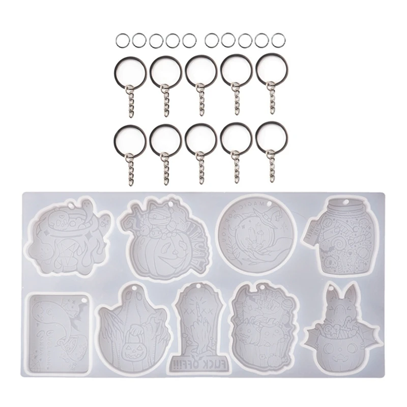 

9 in 1 Pumpkin Cauldron Keychain Silicone Mold DIY Epoxy Halloween Key Ring Bag Mobile Phone Ornament Gift Set