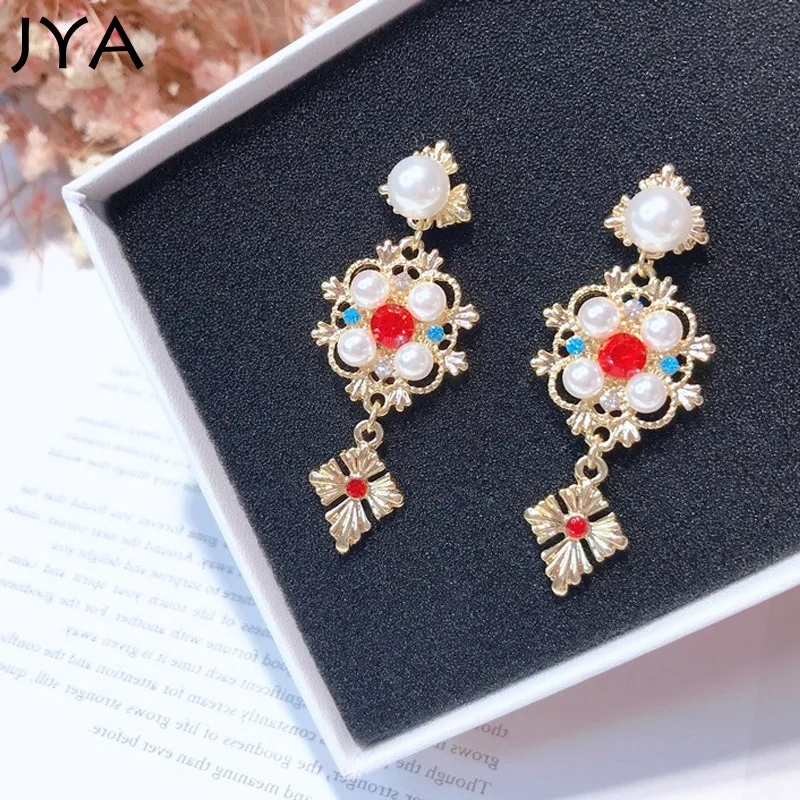 Cpop Винтажные серьги с жемчугом красные и синие красивым камнем для женщин