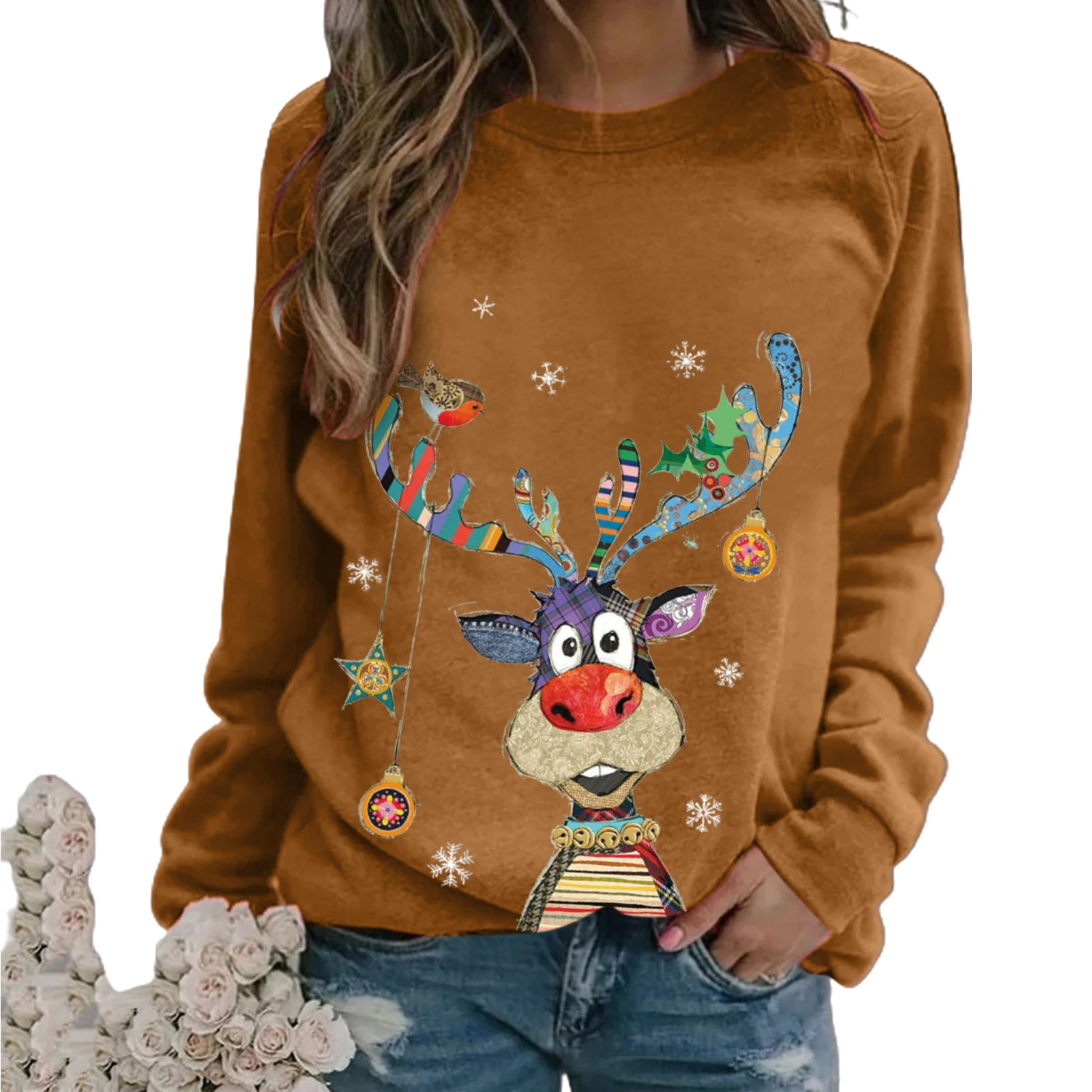 Women Christmas O Neck Print Style Pullover Thick Fashion Primer Tops Long Sleeve Multicolor Elk Print T-shirt Autumn Blouse