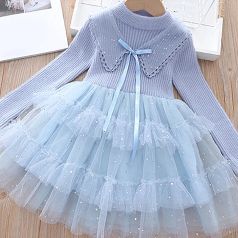 

2021 New Autumn Winter Knitted Sweater Stitching Mesh Dress Children Clothes Girl Wedding Party Dress Princess Dress