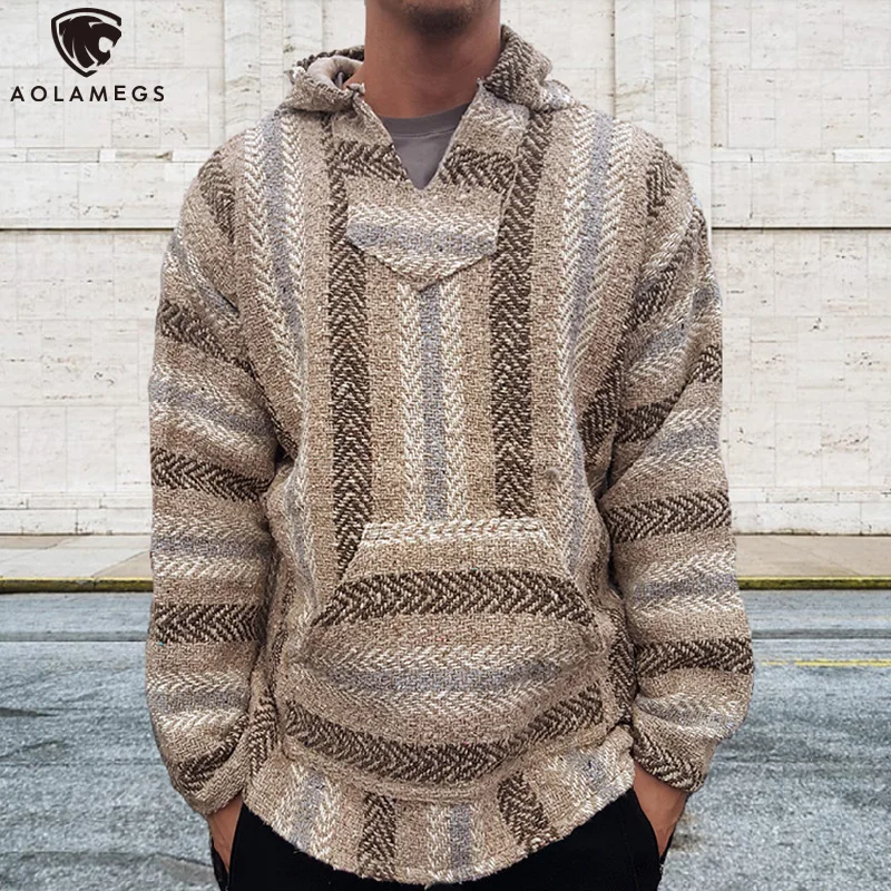 

Aolamegs V-Neck Hoodie Men Vintage Patchwork Color knitted Hooded Pullover Big Pockets Harajuku All-match Sweatshirts Streetwear
