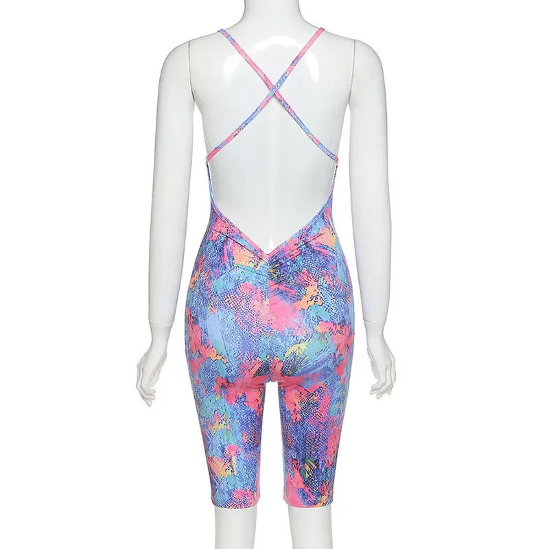 

ZKYZWX Sexy Snake Print Backless Bodycon Playsuit 2020 Summer Body Clothes One Piece Club Outfit Rompers Womens Jumpsuit Shorts