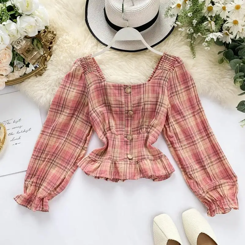 Женская блузка twotwinstyle короткая клетчатая с квадратным воротником в стиле ретро