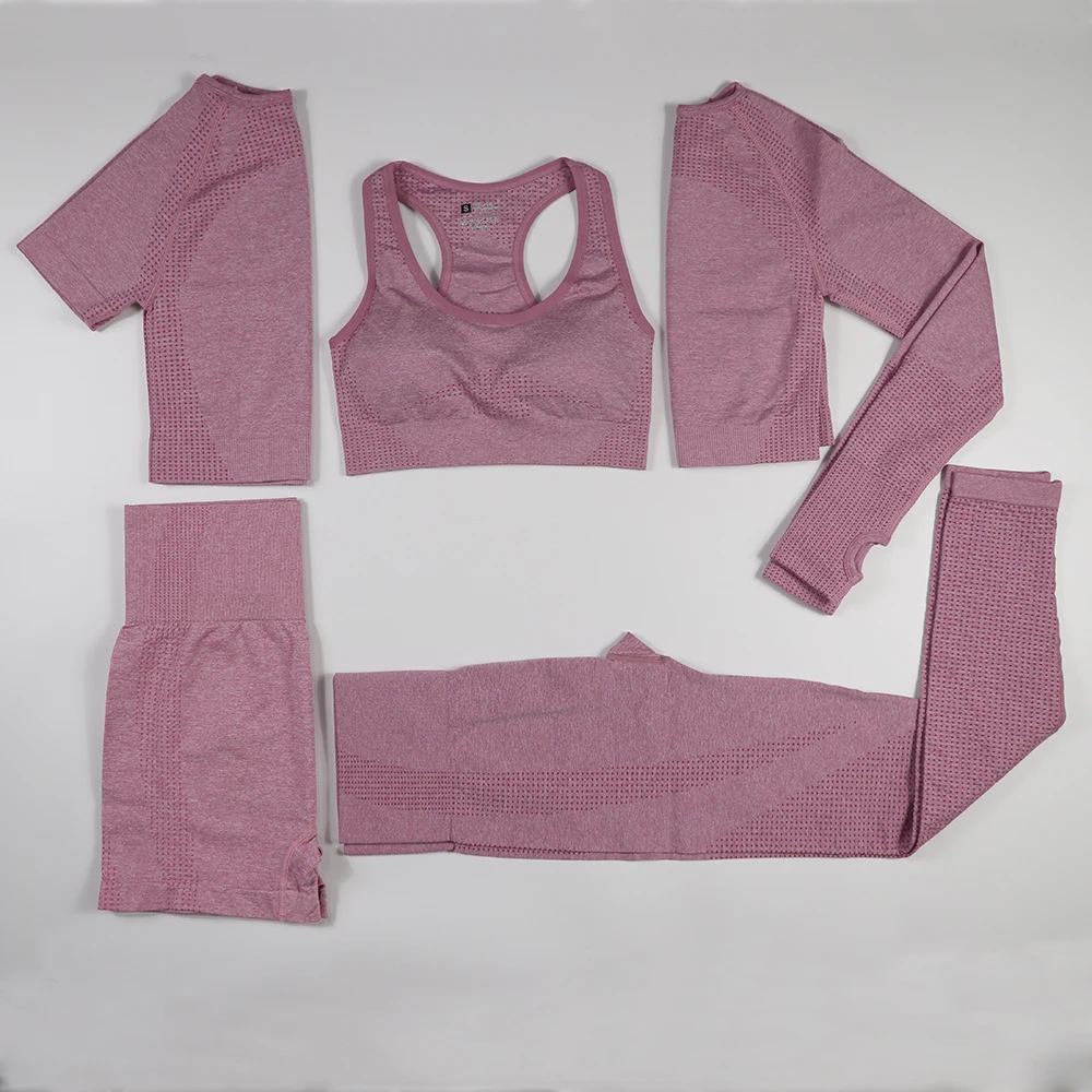 

2/3/5Pcs Seamless Women Set Workout Sportswear Gym Clothing Shirt Fitness Long Sleeve Crop Top High Waist Leggings Sport Suits