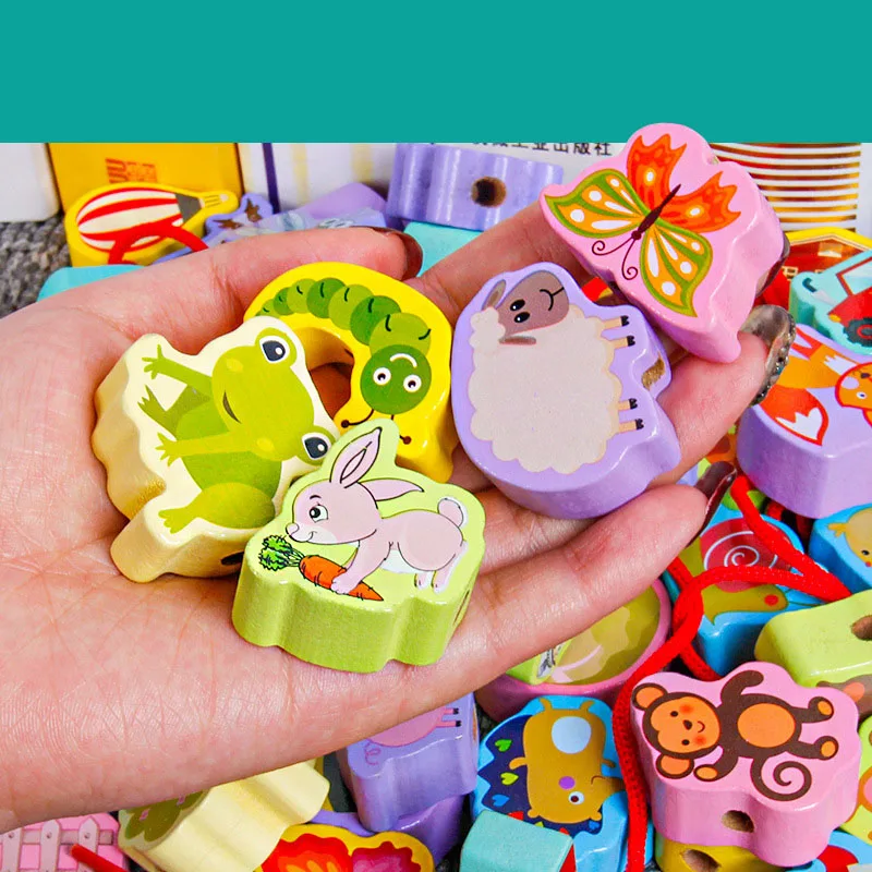 

Wooden Building Blocks Beads Baby Toys Montessori Cartoon Colorful Animal Traffic Farm Insect Beaded Rope Game Learning Kid Toy