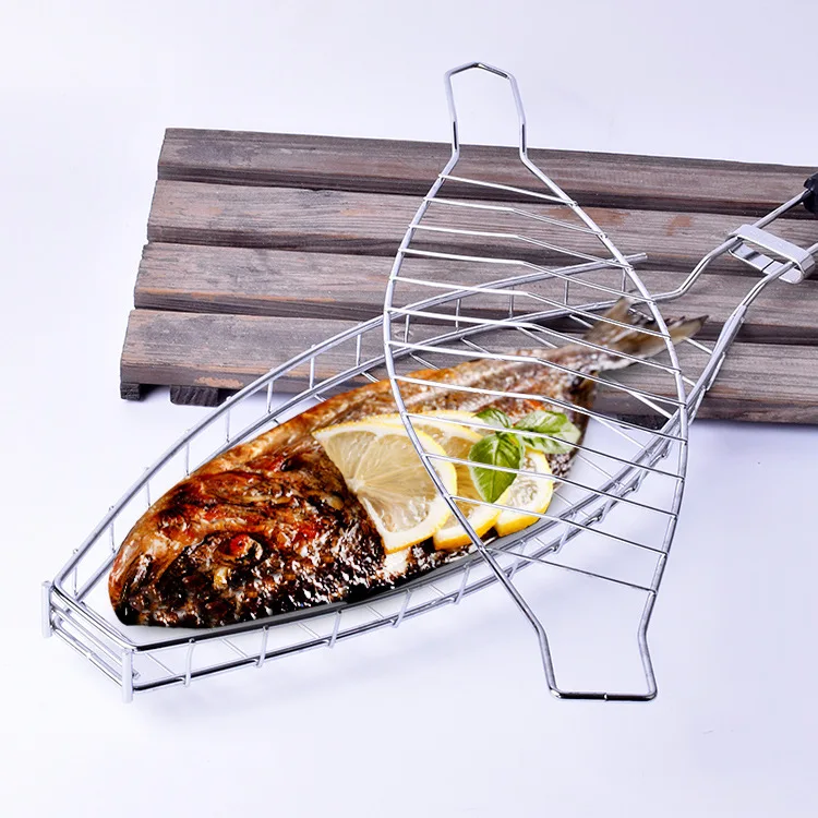 

BBQ Barbecue Stainless Steel Barbecue Net Barbecue Fish Net Clip Barbecue Rack Fish Shaped Wooden Handle Barbecue Net Outdoor