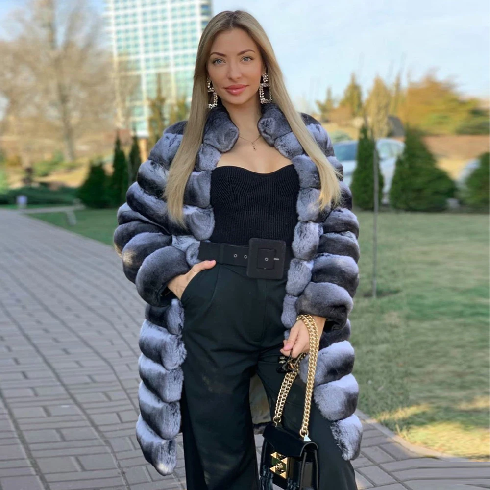 Women Natural Fur Coat Winter Fashion Chinchilla Color Genuine Rex Rabbit Fur Long Coats Stand Collar Trendy Rabbit Fur Overcoat
