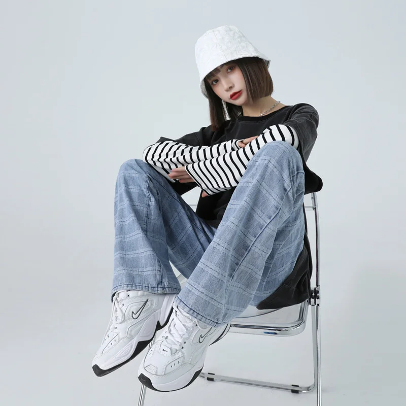 

Wind Drop Feeling High Waist Straight Tube Wide Leg Jeans Women's Summer Fashion Lattice Floor Pants Sweatpants Flower Pattern