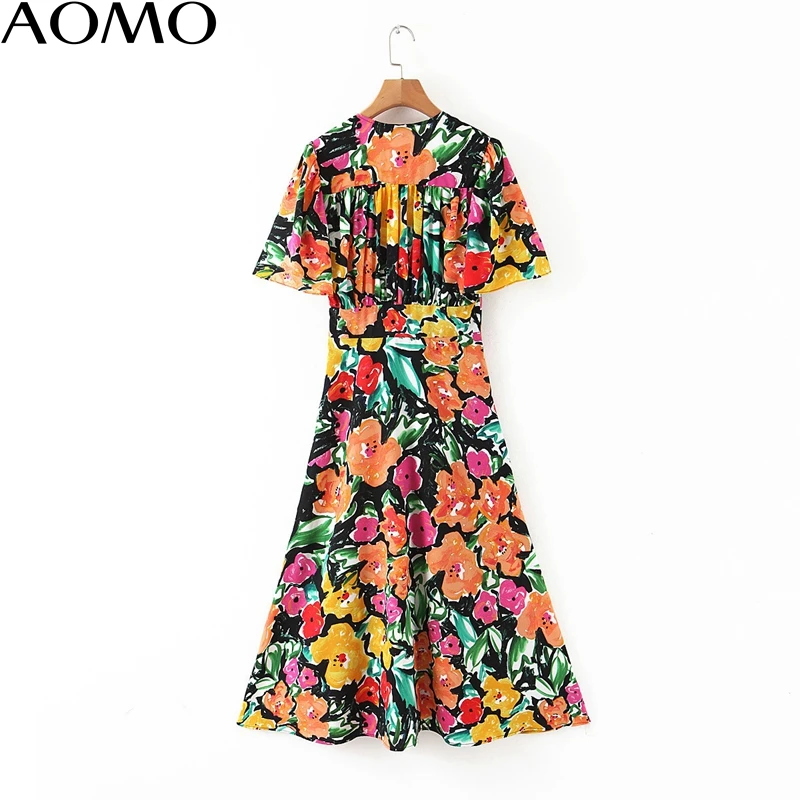 

AOMO fashion women print summer dress 2020 new arrival short Sleeve Ladies side zipper midi Dress Vestidos QB147A