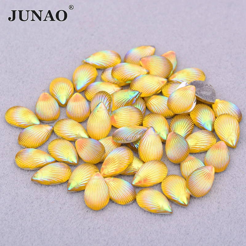 

JUNAO 200pcs 8x13mm Yellow AB Drop Shell Rhinestone Flatback Resin Strass Applique Non Sewing Stones for Decoration