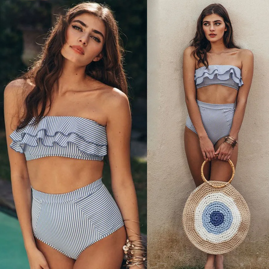 Женский купальный костюм из двух предметов желтое бикини в полоску с оборками