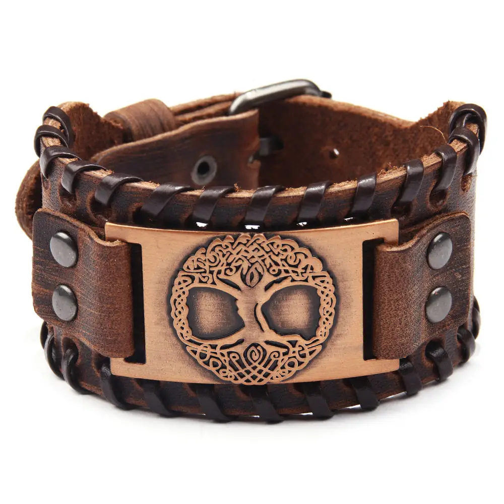 QNW2577 Brown Браслет-манжета из натуральной кожи с регулируемой металлической пряжкой Viking Compass Vegvisir для женщин и мужчин - Окраска металла: QNW2577 Brown