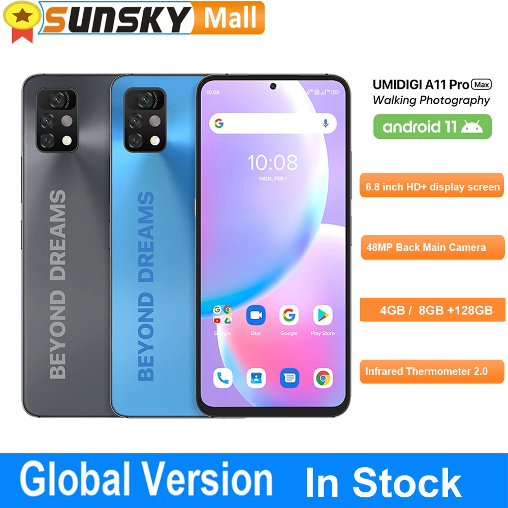 UMIDIGI A11 Pro Max 4GB/8GB 128GB 5150mAh Battery Face ID Side Fingerprint 6.8 " Android 11 Octa Core 4G Global Version Phone |