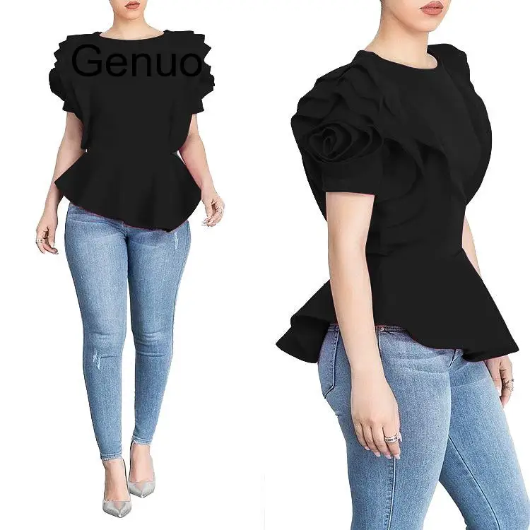 Women Blouse Tops Shirt Layers Petal Sleeves Elegant Fashion Spring Summer Rose Red Blue Black White Bluas Ruffles Classy Lady
