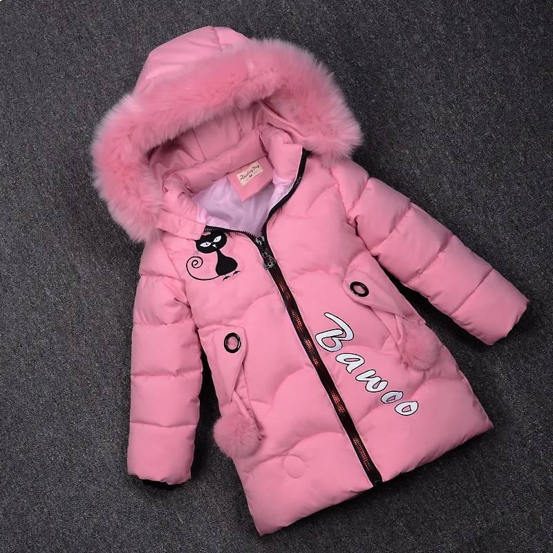 Зимняя куртка для девочек теплые пальто детская зимняя одежда с вышивкой кота