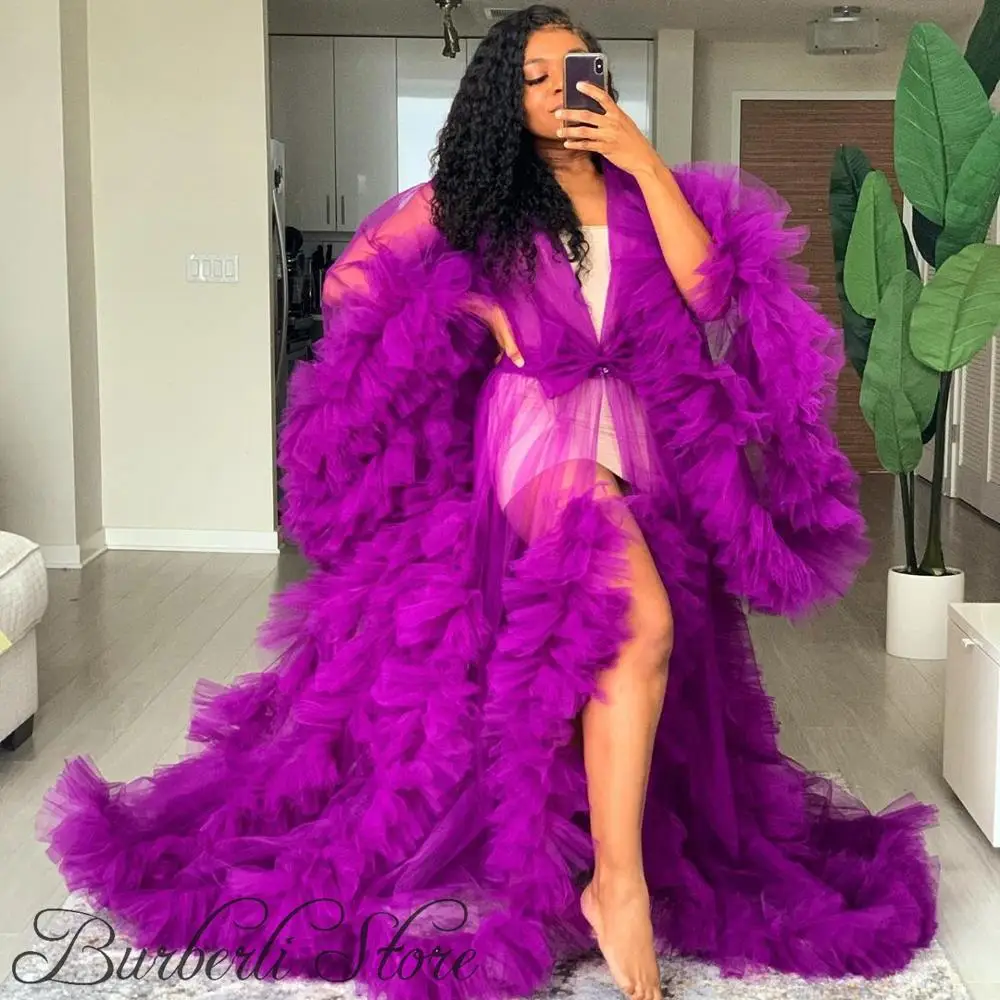 

Unique See Through Tulle Ruffles Purple Long Kimono Tiered Ruched A-line Prom Gowns Puffy Sleeves African Cape Cloak