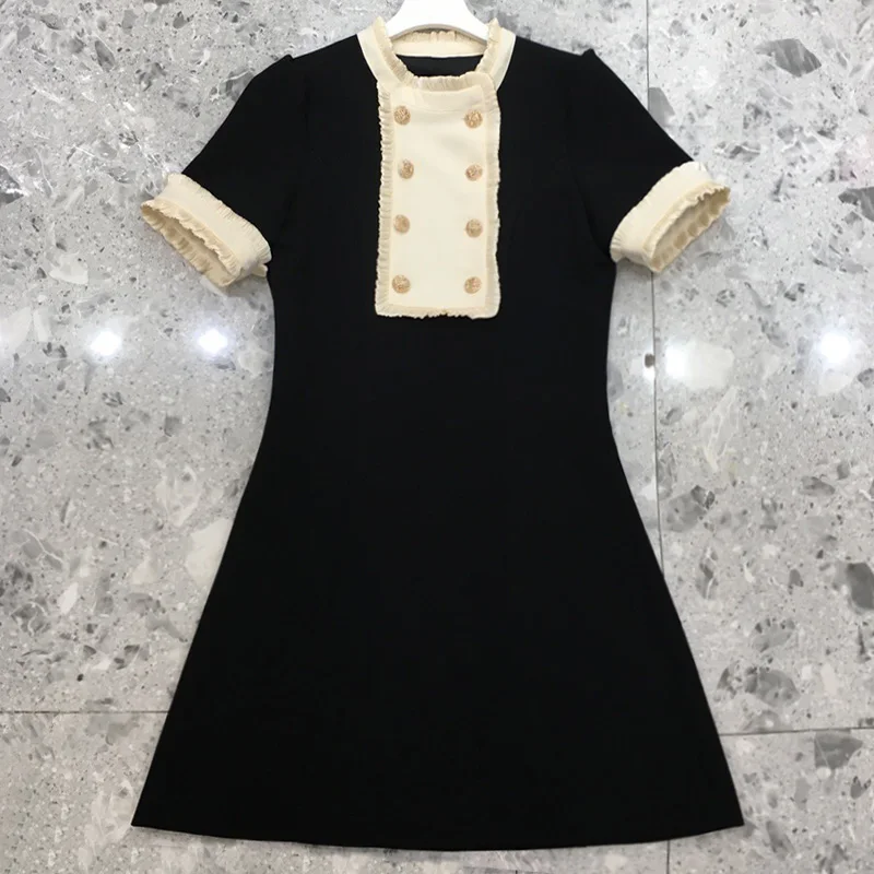 

Women's Summer Runway Buttons Hit Color Mini Dress Casual Ruffled Short Sleeve Solid Aline Vestidos Female Office Lady Fashion
