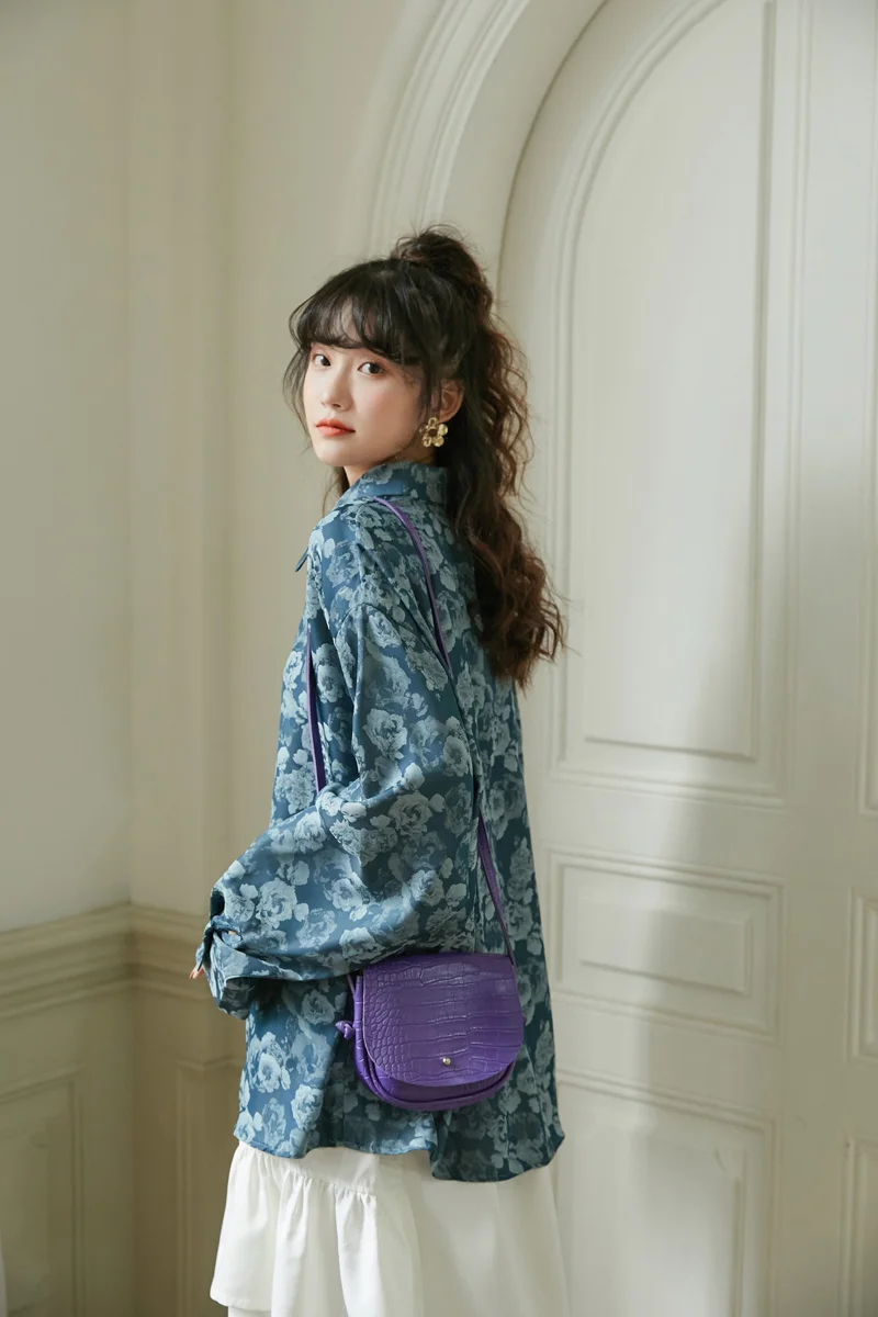 

Green Floral Long Sleeve Shirt Women's Print French Loose Design Drape Top