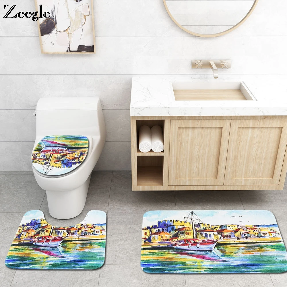 

Zeegle Bath Mat Set Absorbent Toilet Pedestal Rug Foot Mat Anti Slip Bathroom Doormat Toilet Seat Cover Washable 3pcs Toilet Set