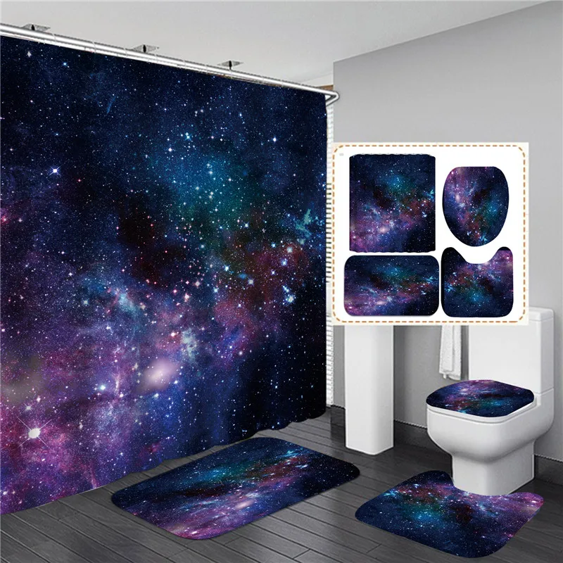 

Starry Universe Bathroom Shower Curtain Set Anti-Slip Bath Mat Flannel Soft Toilet Cover Absorbent Rug Modern Home Decoration