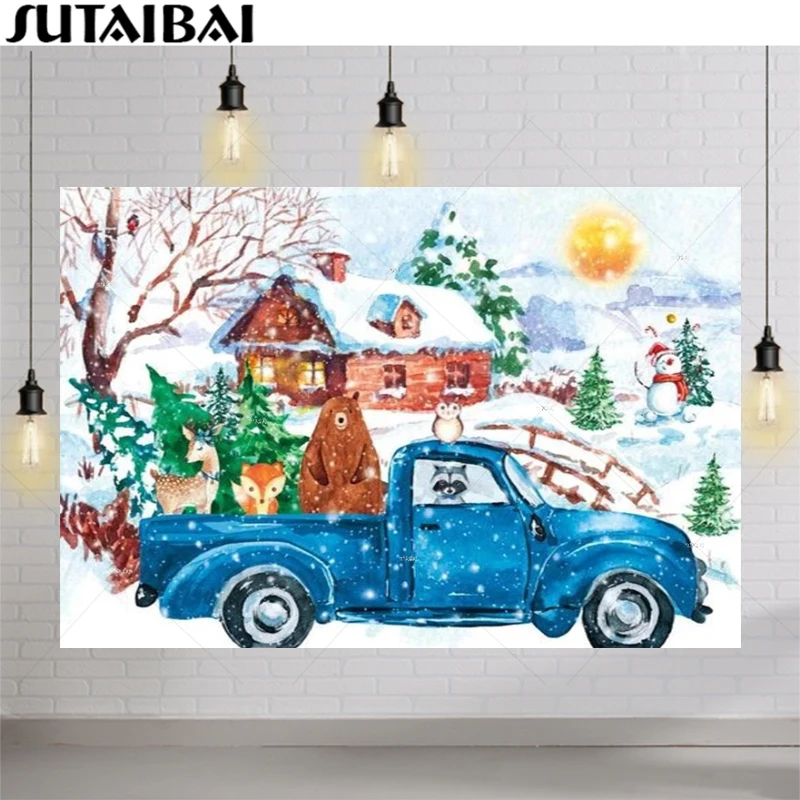 

Winter Snow House Kids 1st Birthday Party Christmas Onederland Background Blue Truck Animals Forests Jungle Safari Backdrop
