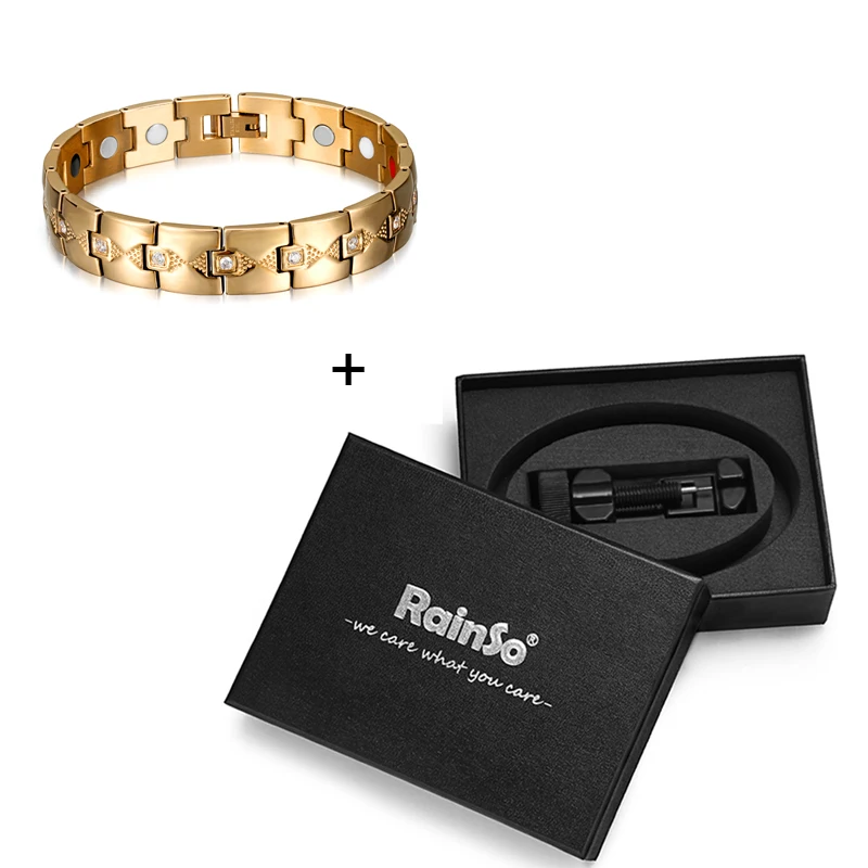 Gold with box Rainso, модный стиль, нержавеющая сталь, магнитный, 4 в 1, Био энергия, забота о здоровье, золотой циркон, браслеты и браслеты для женщин, хорошее ювелирное изделие - Окраска металла: Gold with box