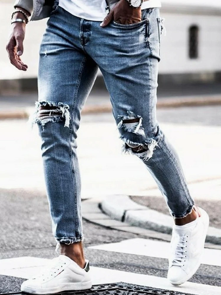 

New Skinny Jeans men Streetwear Destroyed Ripped Jeans Homme Hip Hop Broken modis male Pencil Biker Embroidery Patch Pants