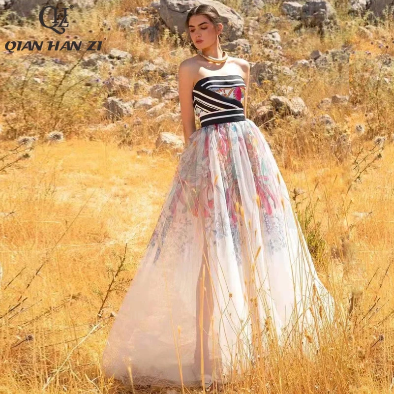 

Qian Han Zi new designer summer fashion runway Maxi dress Women sleeveless pattern print Sexy Strapless elegant Slim Long dress