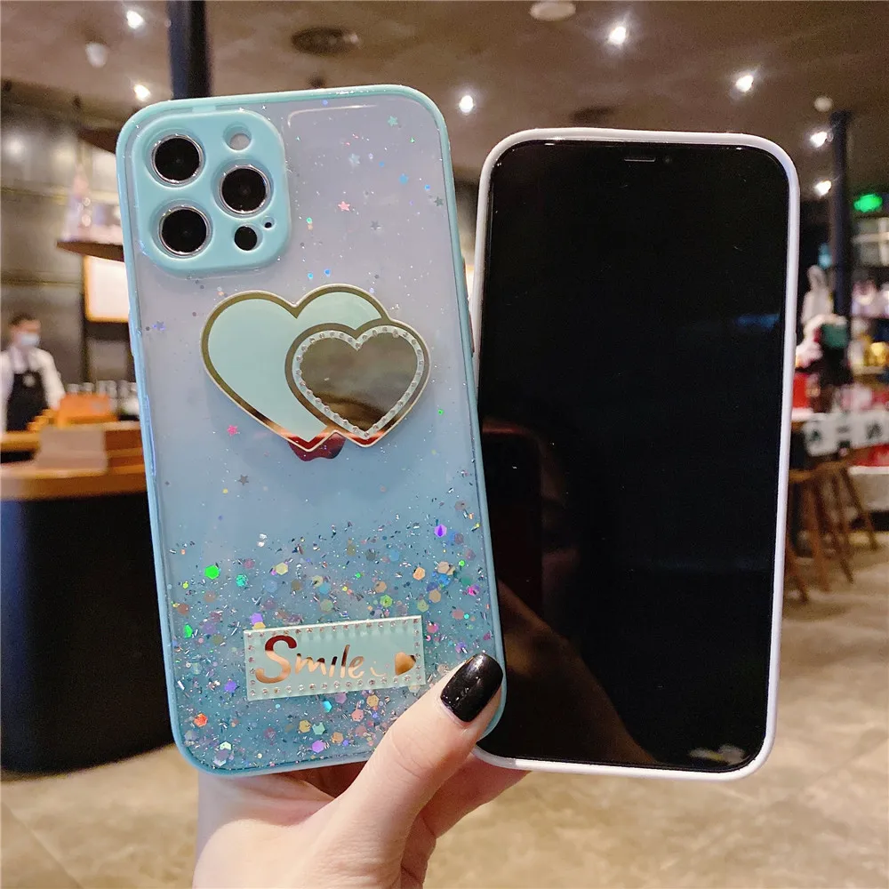 cute love heart mirror phone case for xiaomi redmi 9 9a 9c note 9s 8 9 10 pro mi note 10 lite poco x3 nfc m3 glitter soft cover free global shipping