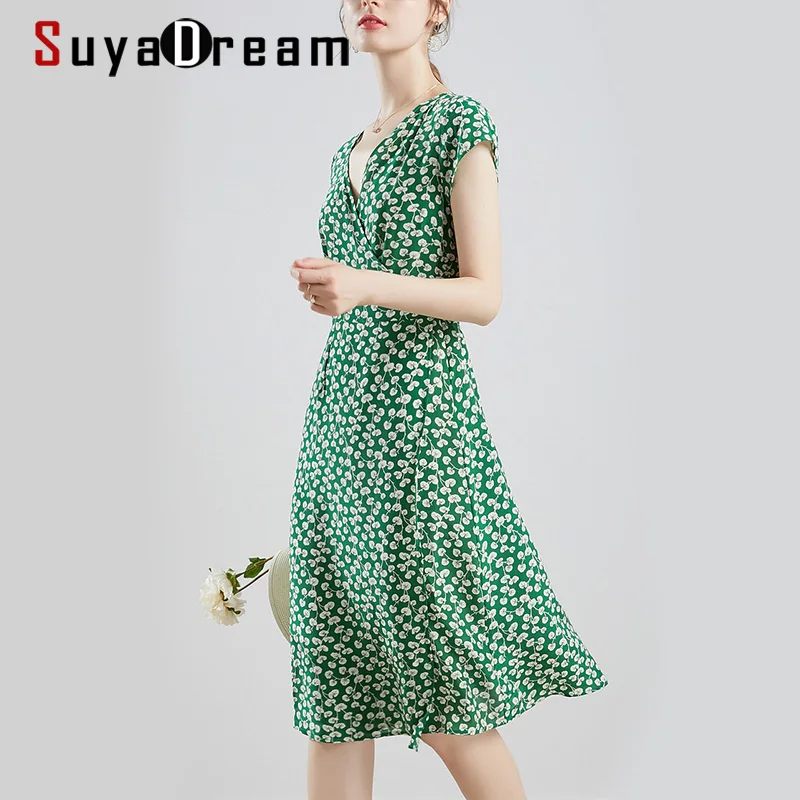 

SuyaDream Woman Floral Dress 100%Silk V neck Sashes Wrap Dress Women 2020 Summer Beach Green Midi Dresses Silk Clothes Vestidos