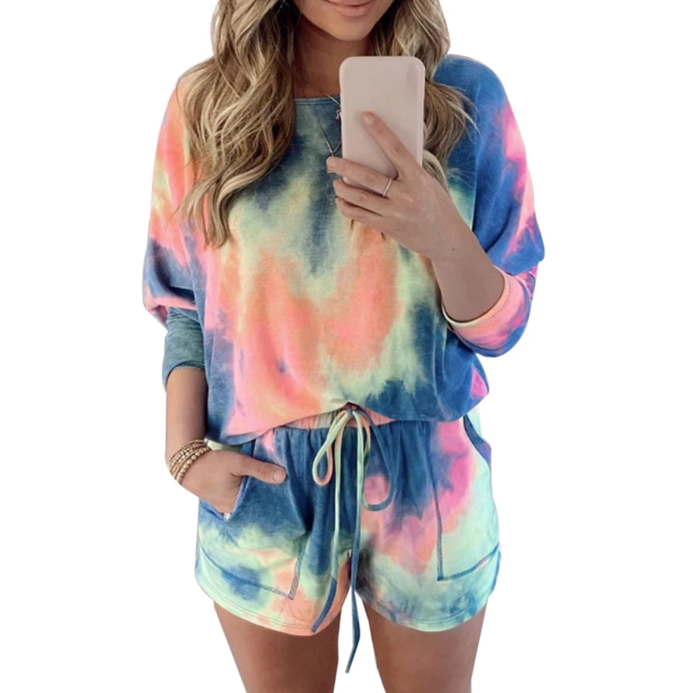 

Tie Dye Printed Women Clothing Set Two Piece Long Sleeve Blouses + Shorts Ladies Outfits Fashion Casual Female Clothes Set 2022
