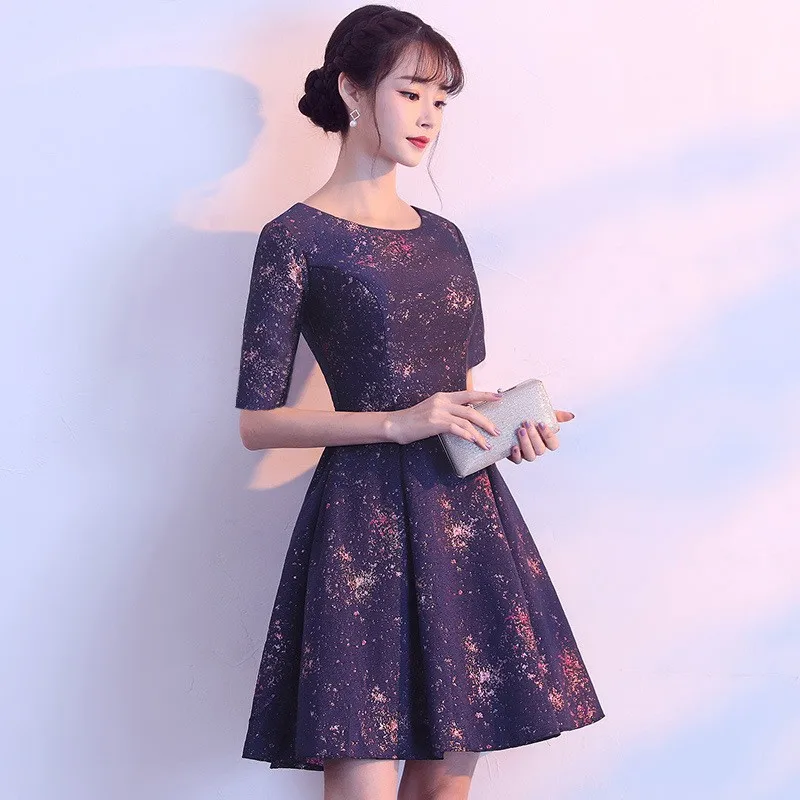 

Office Lady Elegant O-Neck Sleeveless Banquet Gown Exquisite Short Formal Party Dress With Pocket Dark Blue A-Line Dresses