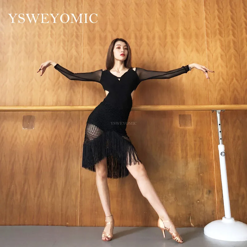 Женское платье для латиноамериканских танцев черное Сетчатое выступлений и