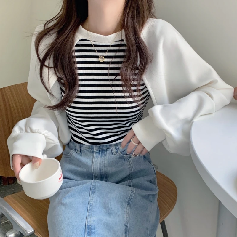 

Women 's Hoodie Sweatshirts Stripe Stitching Cet Round Collar Loose Long Sleeves Slim Pullover Suit Casual Style Autumn 2022 New