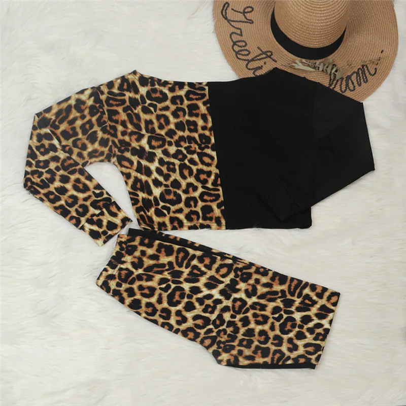 

Leopard Print Patchwork Women Two Piece Set Sexy Off Shoulder Crop Tops+ Slim Long Pencil Pants Suits Lady Outfits