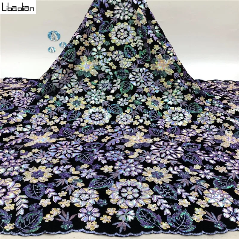 

Nigerian Lace Fabric High Quality Korea Sequins Velvet Lace Fabric Flower Embroidered African Velvet Lace 5yards/pcs ZF210-15