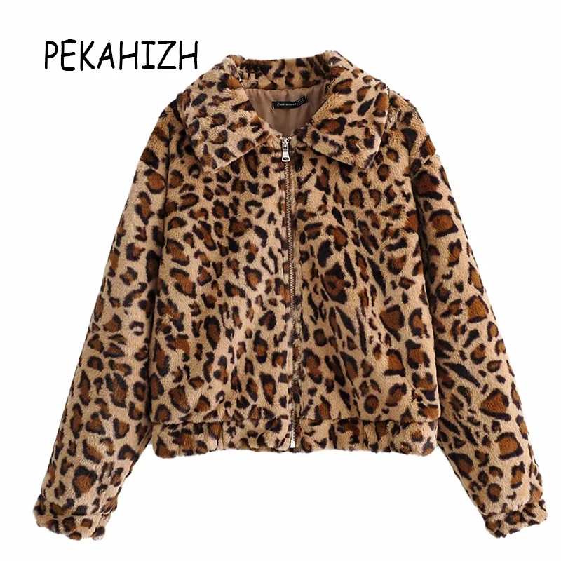 Женское леопардовое пальто на молнии винтажное из искусственного меха с