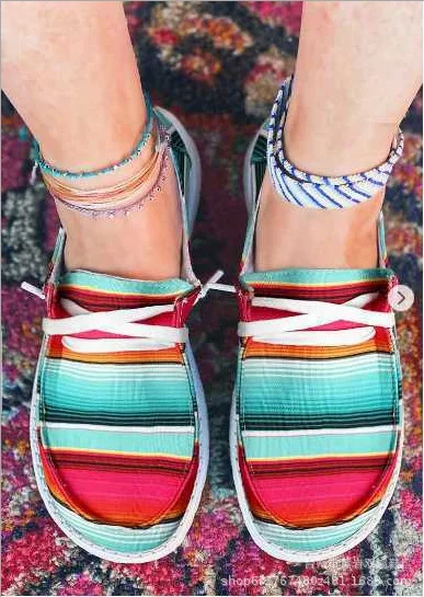 

Women's Single Shoes Doudou Shoes Women Sports Shoes Large Front Lace Flat Heel Stripe Flower Canvas Shoes Light and Comfortable