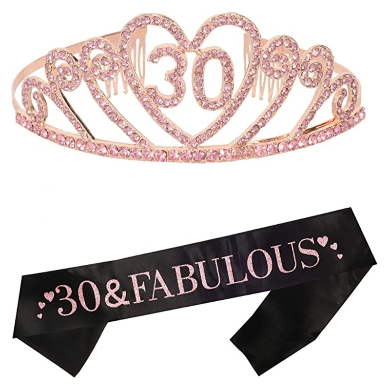 

Rhinestone Crystal Crown Tiara Birthday Anniversary Decoration Happy Women 30th Birthday Satin Sash Party Supplies B03E