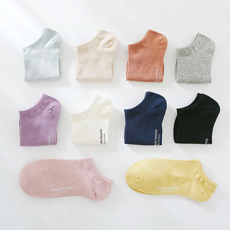 Women's Summer Invisible Thin Ankle Short Socks Cotton Candy Solid Color Fashion Casual Cute Breathable Boat 5Pairs/Lot | Женская