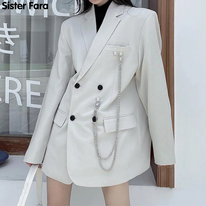 

Sister Fara Fashion With Chain Blazer Women's Spring Jacket Coat Ladies Autumn Casual Blazer Single Breasted Loose Solid Blazers