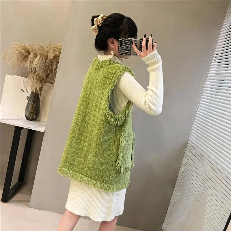 Женский вязаный кардиган без рукавов элегантный однобортный жилет с бахромой в