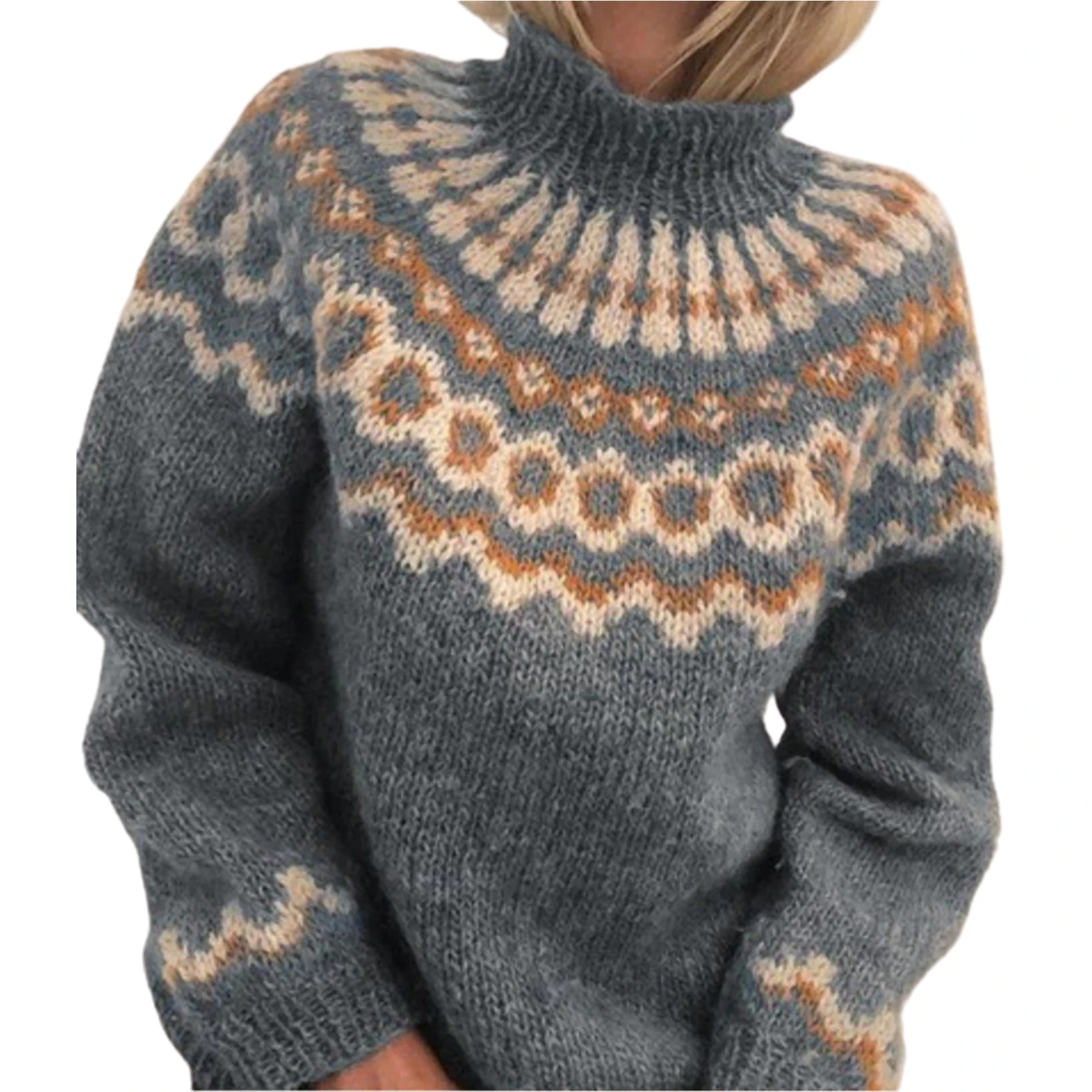 

Casual Loose Knit Sweater Female Jumper- Women Fall Winter Long Sleeve Turtle Neck Jacquard Weave Knitwear Sweaters Pullovers